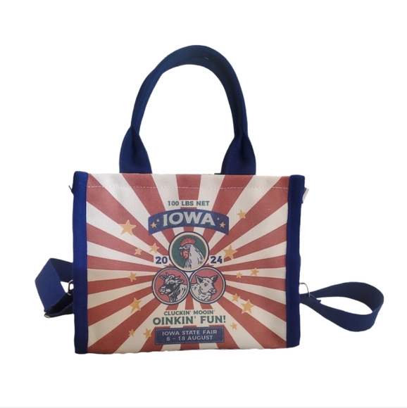 Selina Vaughan Studios Iowa State Fair 2024 Red‎ Blue Canvas Shoulder Bag Purse - Picture 1 of 9